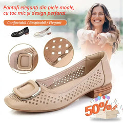 💝【Cel mai bine vândut】Pantofi eleganți din piele moale, cu toc mic și design perforat