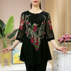 🌺 Tricou lejer din șifon cu imprimeu și aplicații de strasuri, stil modern