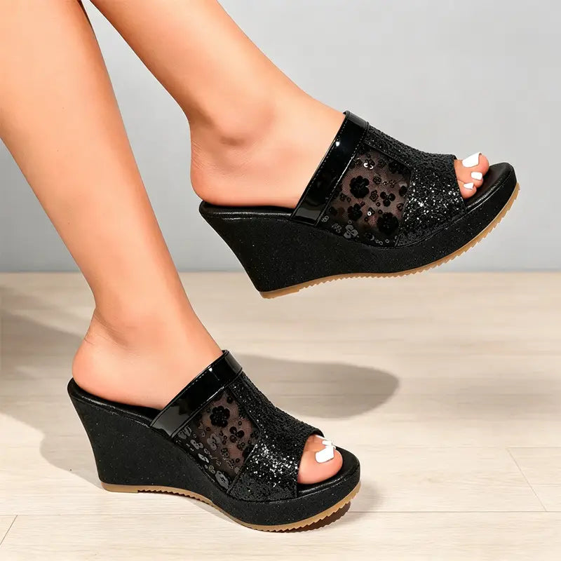 💎【Top 3 vânzări】Papuci eleganți cu paiete și plasă, cu platformă wedge