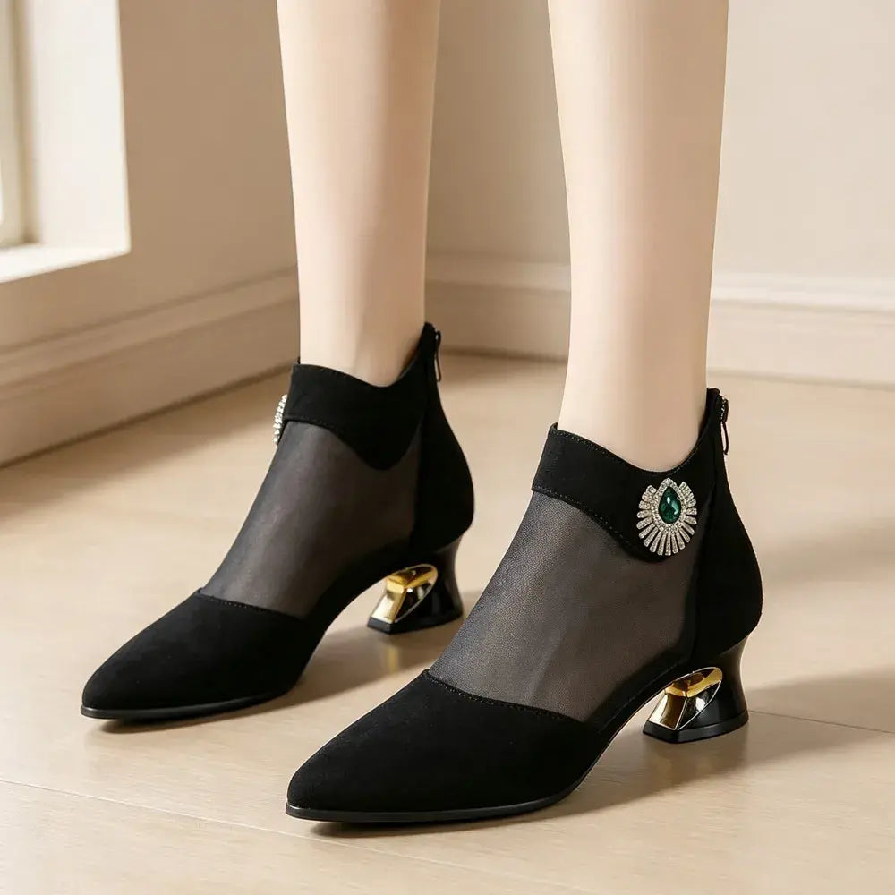💎Pantofi Eleganți Francezi cu Toc Înalt, Plasă și Cristale Verzi