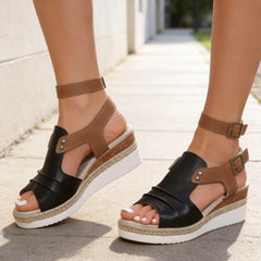 Sandale Fashion din Piele Naturală cu Talpă Tip Pană și Design Bicolor