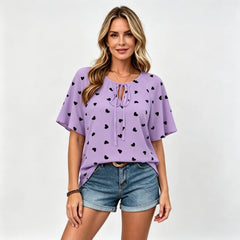 💖Tricou Elegant cu Imprimeu Inimă și Șnur Decorativ