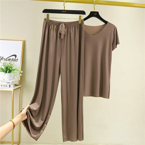 ❤️【M-4XL】Μαλακό μεταξένιο κοντομάνικο τοπ + φαρδύ παντελόνι ❤️ Σετ 2 τεμαχίων