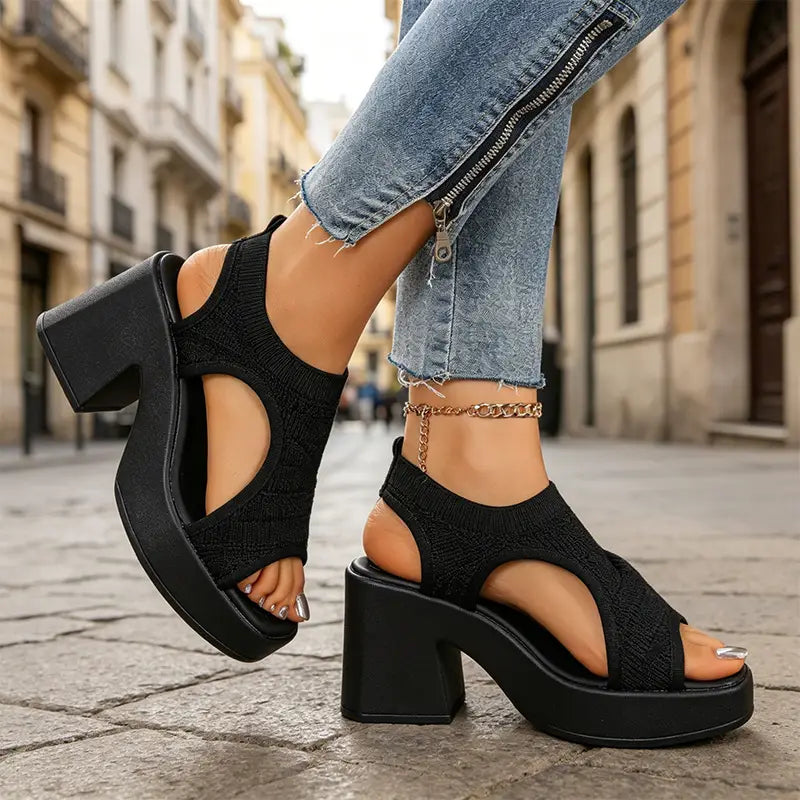 👡 Sandale cu toc gros din material tricotat elastic｜confortabile, ușor de asortat + respirabile, nu încălzesc piciorul