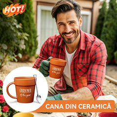 ☕Cană din ceramică în formă de ghiveci de grădinar, amuzantă — include linguriță în formă de lopățică cadou