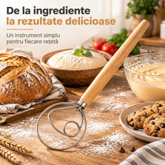 🥖 Mixer manual de făină din oțel inoxidabil cu mâner din lemn de stejar  | Instrument indispensabil pentru coacere, frământare și cernere · Cumpără unul și primești unul gratis (primești 2 bucăți) 🌾