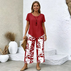 Set Casual de Vară pentru Femei din 2 Piese, Bluză Lejeră cu Tiv Asimetric și Pantaloni Lungi Largi cu Imprimeu cu Frunze, Costum Elegant de Vacanță