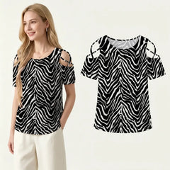 👚 Tricou Modern cu Imprimeu Zebră și Umeri Goi