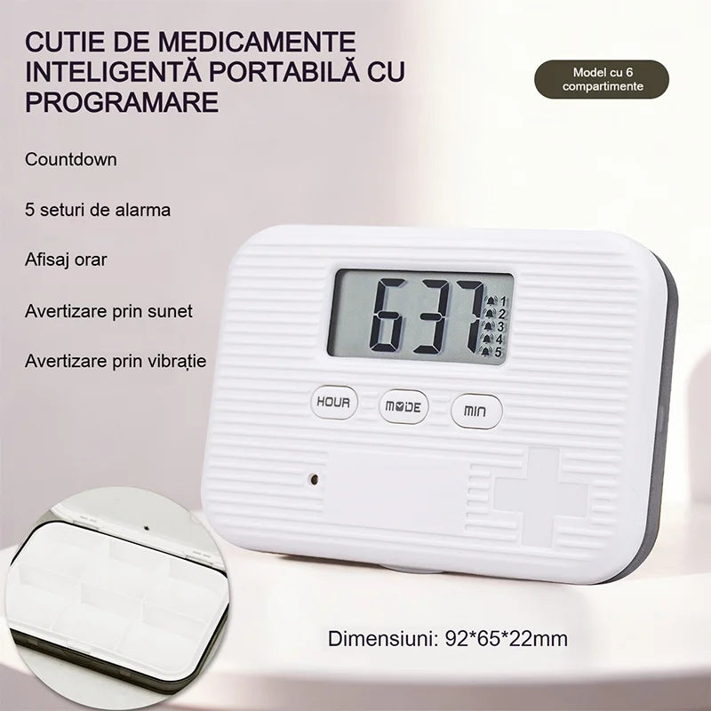 Organizator Inteligent de Pastile cu Alarmă – Cutie Medicamente Portabilă pentru Călătorii, 5 Alarme Zilnice cu Sunet și Vibrații