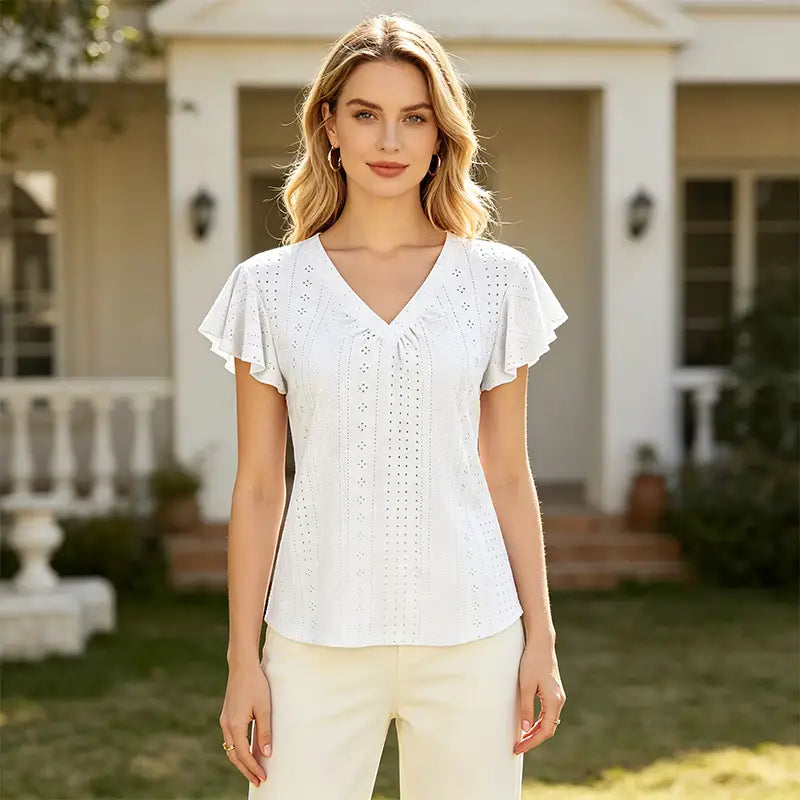 👚 tricou la modă din bumbac, cu decolteu în V, mâneci cu volane și decupaje elegante