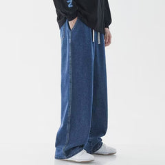 Pantaloni din denim retro pentru bărbați, model spălat, uni, croială largă și dreaptă, stil casual versatil