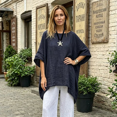 Bluză de Vară Oversize din In și Bumbac pentru Femei, Cămașă Lejeră cu Tiv Asimetric, Stil Boho Casual, Material Respirabil, Mărimi Mari
