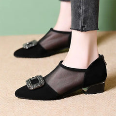 Pantofi Eleganți de Damă cu Plasă și Cataramă cu Pietre - Toc Gros și Design Rafinat