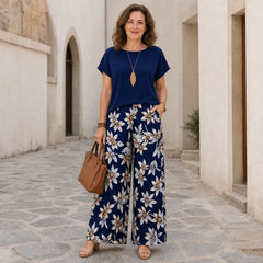 Costum de Vară din Două Piese pentru Femei: Tricou Lejer și Pantaloni Largi Imprimeți, Material Moale, Respirabil și Prietenos cu Pielea