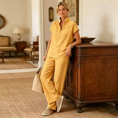 Set de Damă din In și Bumbac – Bluză cu Mânecă Scurtă și Pantaloni Largi, Stil Casual Elegant de Vară