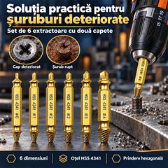 🔩 Set 6 Extractoare de Șuruburi Deteriorate din Oțel HSS 4341! Cap Dublu (Găurire și Extragere) · Potrivit pentru Șuruburi Uzate, Rupte sau Ruginite · Cutie Portabilă Inclusă!
