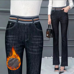 🔥👖【Πολυβραβευμένο】Τζιν Παντελόνι Υψηλής Μέσης με Υψηλή Ελαστικότητα και Επένδυση, με Λεπτή Λάμψη στο Τελείωμα του Μπατζακιού