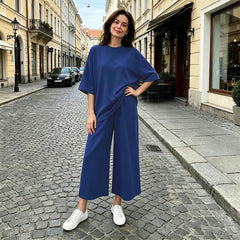 ✨Compleu Vară Damă 2 Piese Lejer: Tricot Fin Moale, Tricou Oversized și Pantaloni Largi Fluizi, Material Respirabil și Fin la Atingere