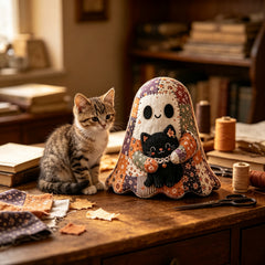 Kit de Cusut DIY „Ghost Coffee Date”: Set Cadou Handcraft cu Materiale Textil Patchwork, Decor Colectibil Cozy Halloween