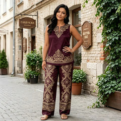 Compleu Damă de Vară din 2 Piese: Top Fără Mâneci și Pantaloni Largi, Model Degradat cu Imprimeu Vintage, Material Moale și Respirabil