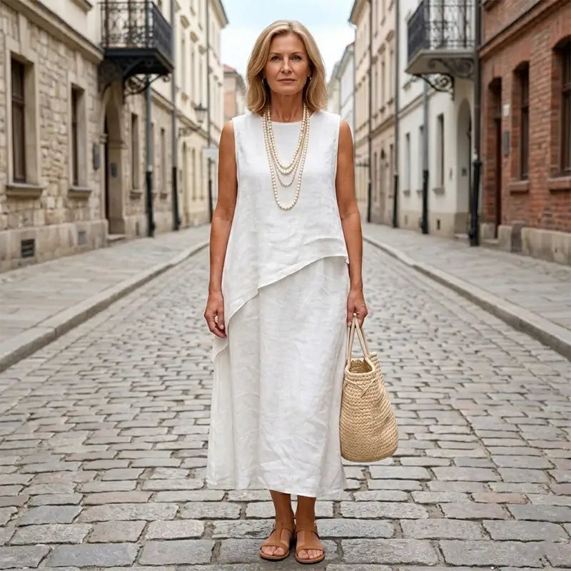 🤍 【Top fără mâneci + fustă midi】Set casual din in cu design franțuzesc