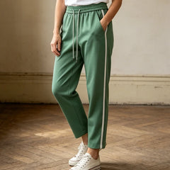 Pantaloni Casual de Vară Damă: Croială Dreaptă și Fluidă, Efect de Subțiere, Cu Șnur în Talie și Dungă Laterală Sport-Șic