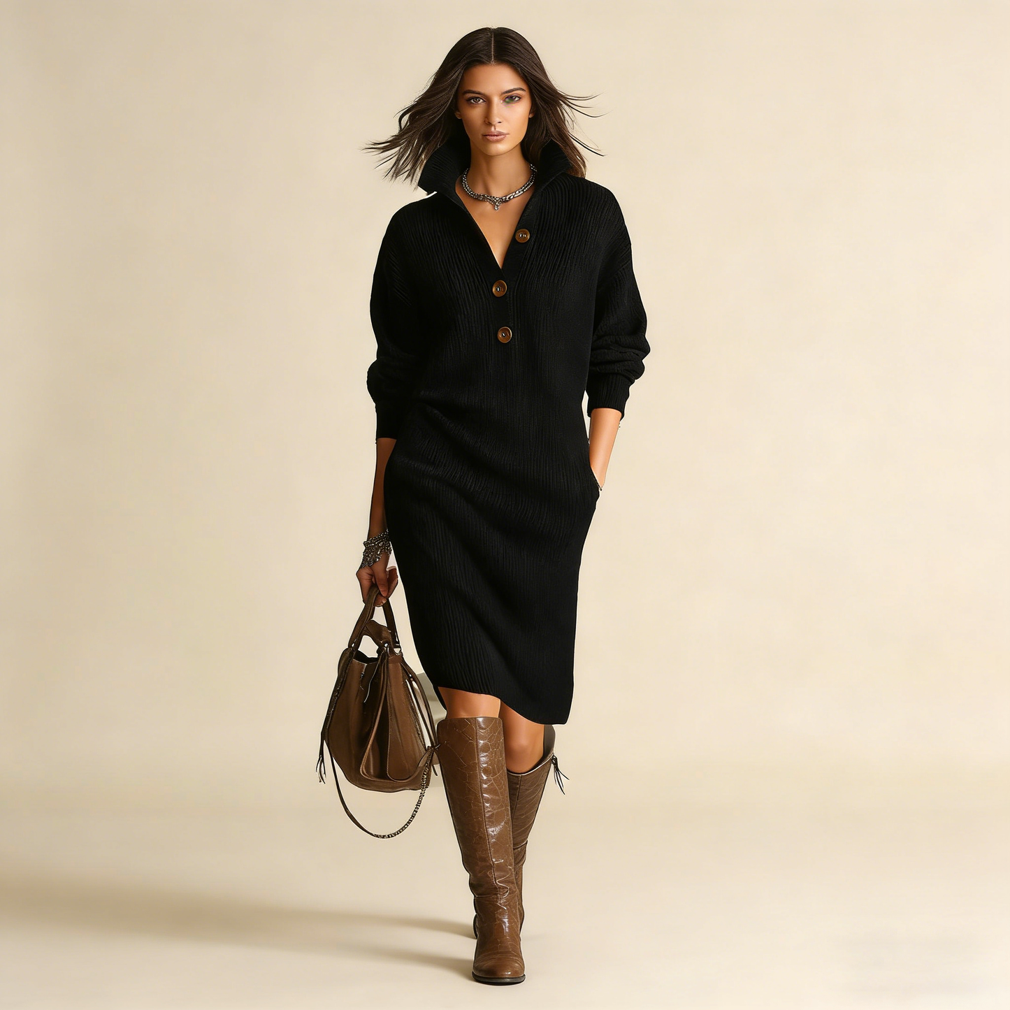 Νέο πλεκτό φόρεμα με γιακά σε ευρωπαϊκό και αμερικανικό στιλ