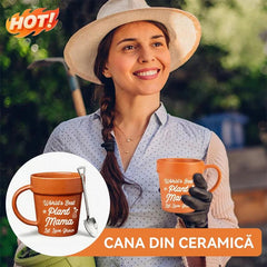 ☕Cană din ceramică în formă de ghiveci de grădinar, amuzantă — include linguriță în formă de lopățică cadou