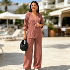 Set Elegant de Damă din 2 Piese, Cămașă Lejeră cu Decolteu în V și Pantaloni Lungi Largi, Costum Casual cu Aspect de In, Stil Rafinat de Vară