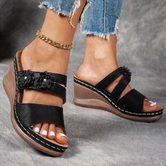 👡🌸Papuci la modă cu platformă tip pană și flori decorative 3D