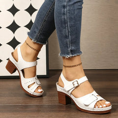 Sandale cu toc gros din piele naturală, cu decupaje｜Talpă moale, respirabilă + stil retro versatil