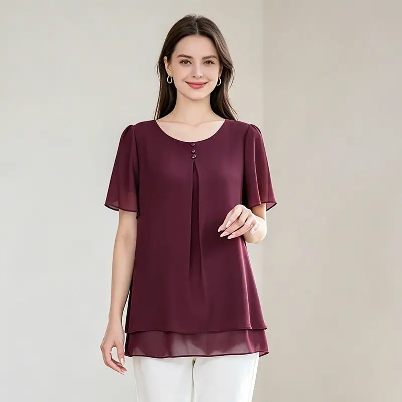 Bluză de Vară Damă din Șifon Fin: Material Respirabil și Moale, Design Elegant cu Pliuri și Mânecă Scurtă Fluture