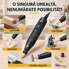 Mini Freză Electrică Multifuncțională de Mână – Unealtă Rotativă Portabilă pentru Gravat, Șlefuit, Polizat, Tăiat și Găurit Lemn, Piatră și Bijuterii