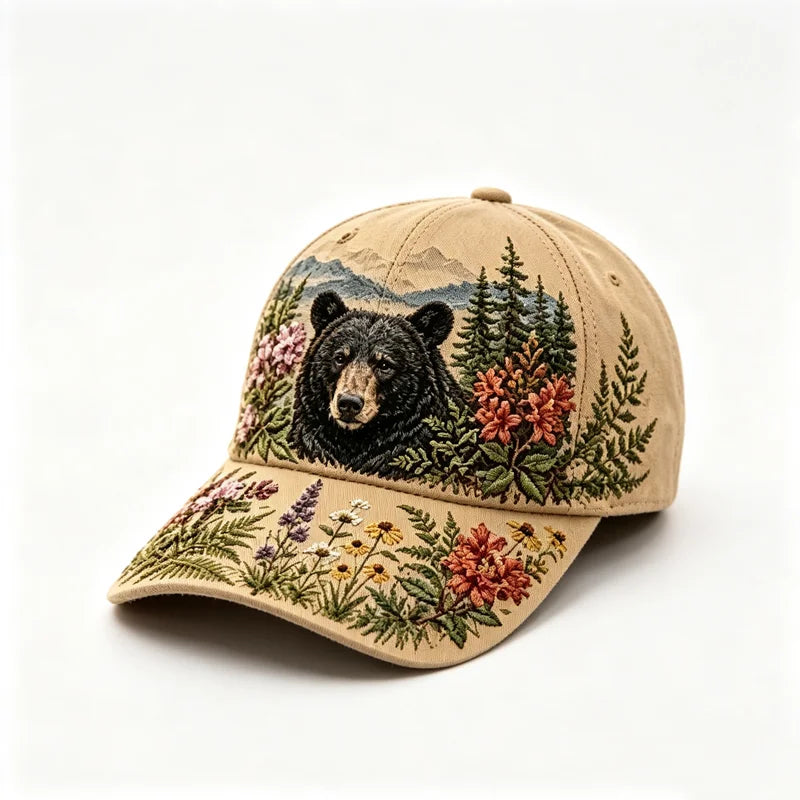 🛍️ Ediție Specială Retro: Șapcă de Vară cu Tematică „Great Smoky Mountains” ✨ Design deosebit cu Urs Negru și Flori de Câmp | Șapcă de Baseball Ajustabilă, Stil Outdoor Vintage