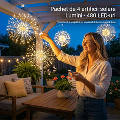 ✨Set 4 în 1 Artificii Solare Suspendate, Ghirlandă Luminoasă cu 240 LED-uri, Panou Solar Mare și Telecomandă, Impermeabil pentru Camping și Grădină