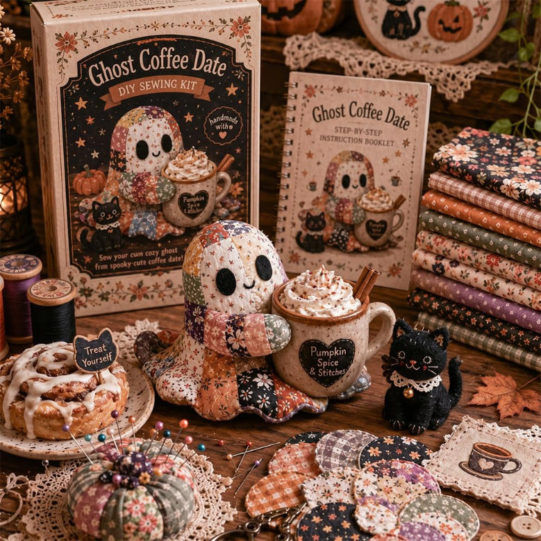 Kit de Cusut DIY „Ghost Coffee Date”: Set Cadou Handcraft cu Materiale Textil Patchwork, Decor Colectibil Cozy Halloween