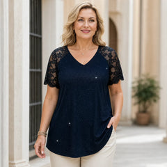 Tricou Modern cu Decolteu în V, Inserții din Dantelă și Paiete