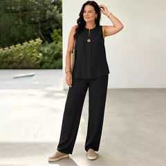 💙【Top fără mâneci + pantaloni largi】Set confortabil în stil in modern – lejer, elegant și perfect pentru vară