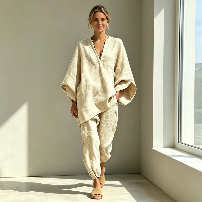 Costum Premium de Vacanță în Stil Boho: Set din Două Piese din Bumbac-In cu Croială Oversized și Decolteu în V – Confortabil și Elegant