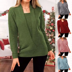🍂【Model Nou Toamnă-Iarnă】Pulover tricotat monocrom cu decolteu în V și strat dublu fals