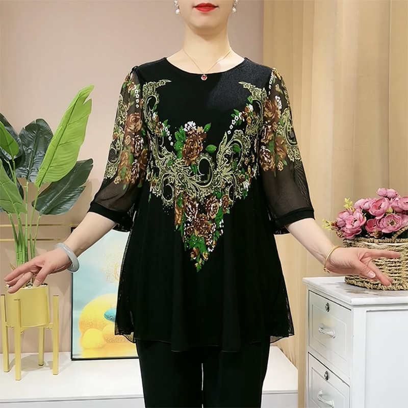 🌺 Tricou lejer din șifon cu imprimeu și aplicații de strasuri, stil modern
