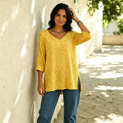 🌼Tricou V-neck la modă, cu broderie florală de margarete