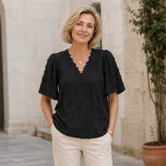 Bluză cu mânecă scurtă, decolteu în V, jacquard și dantelă în stil francez elegant